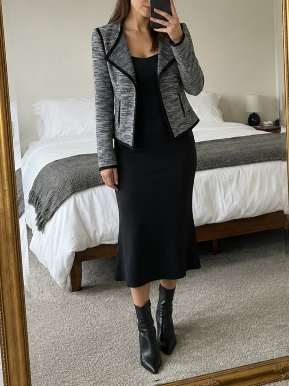 Ann Taylor 100% Cotton Tweed Blazer Navy White Open Front Drape Jacket XS